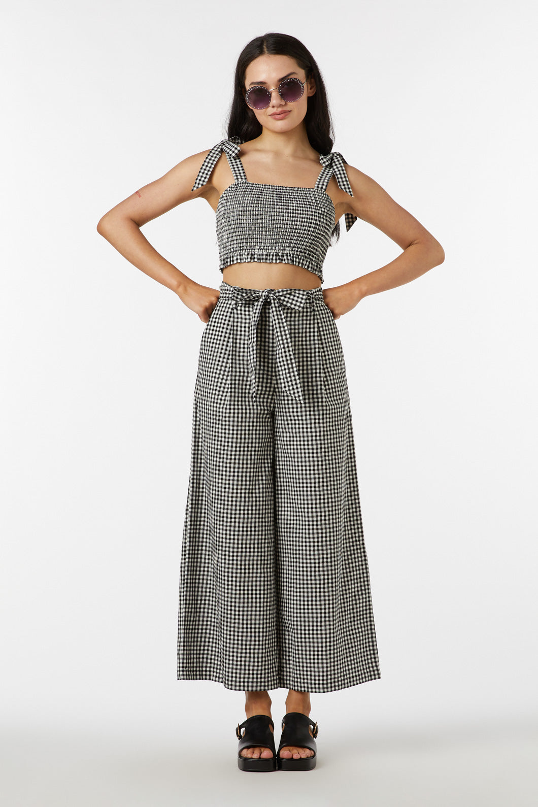 Tessa Adjustable Shirred Check Cropped Cotton Top for Summer