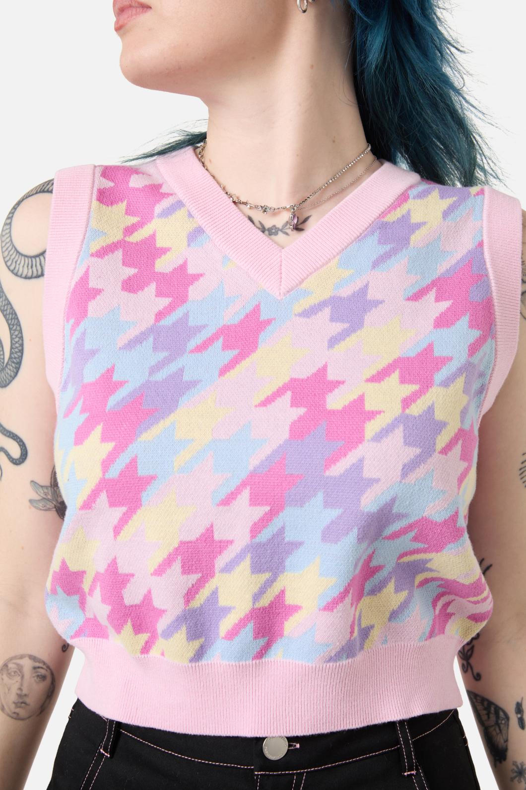 Soft Knitted Rainbow Houndstooth Cropped Sleeveless Vest