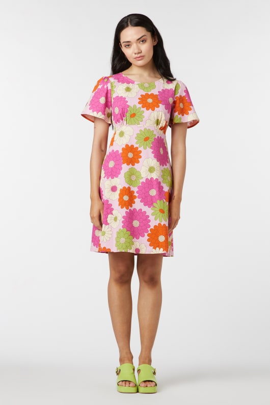 Pink Textured 100% Cotton Susan Floral Retro Mini Dress