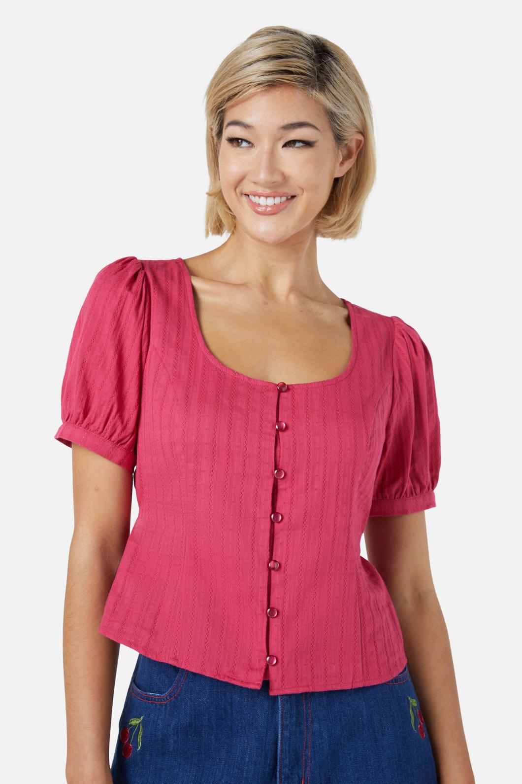 Cherry & Navy Textured Cotton Neisha Top with Short Puffed Sleeves