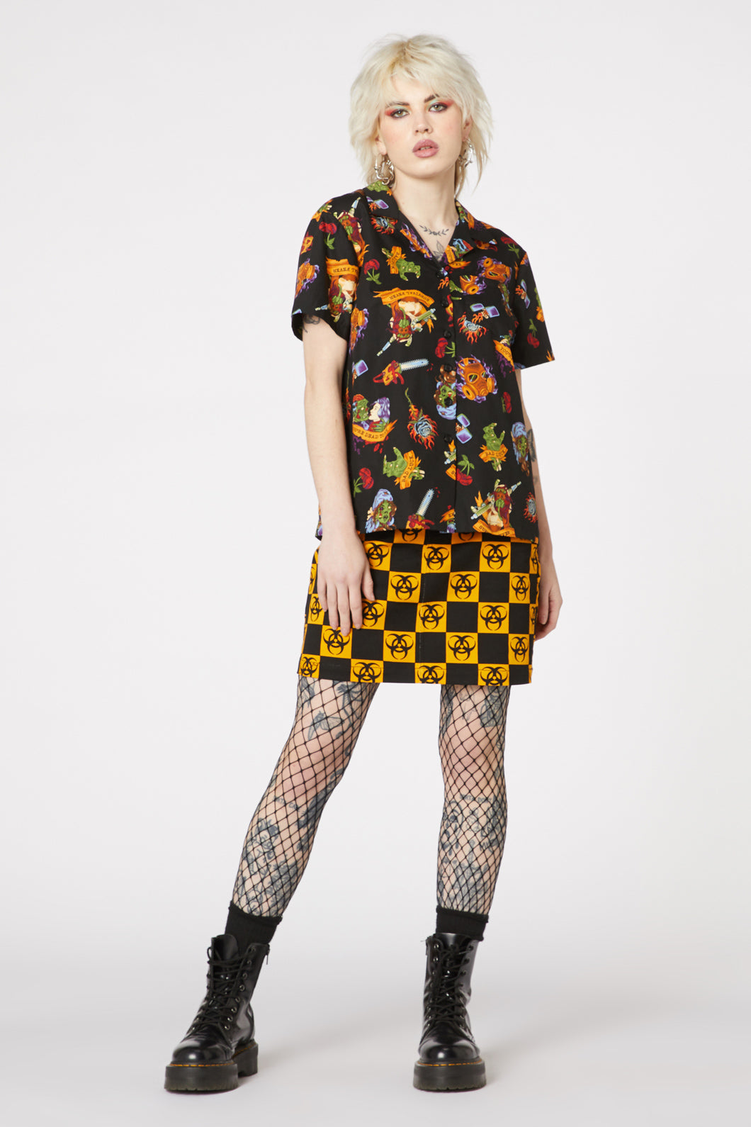 Organic Cotton Short-Sleeve Collared Button-Down Tattoo Zombie Print Shirt in Black