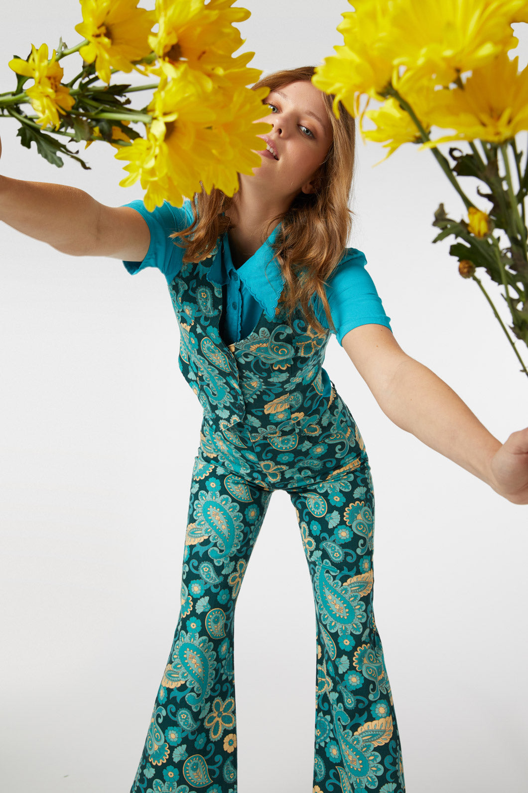 Green Retro Sunset Paisley High-Waisted Full-Length Flare Jeans