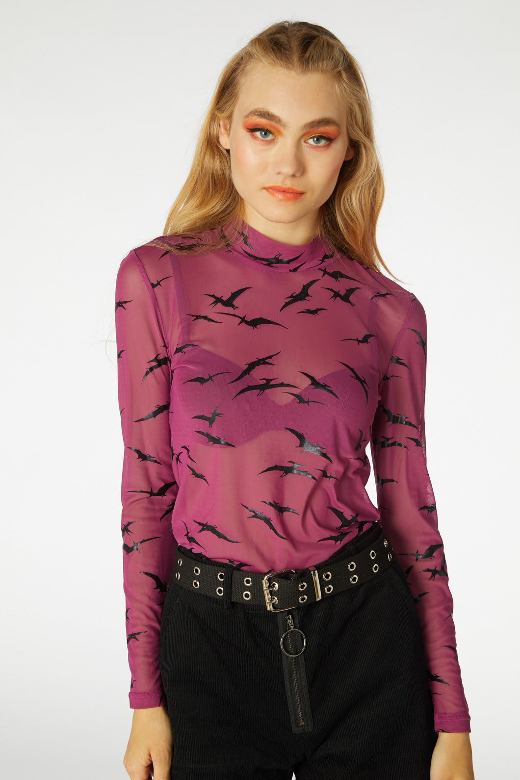 Printed Mesh Pterodactyl Long - Sleeved Fitted Women's Top