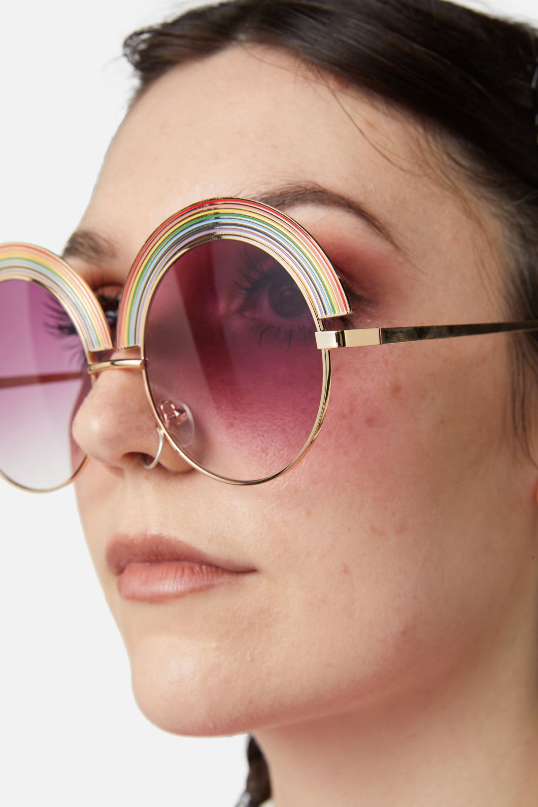 Stylish Gold - Toned Large Round Pink - Lensed Rainbow Glasses for Fashion