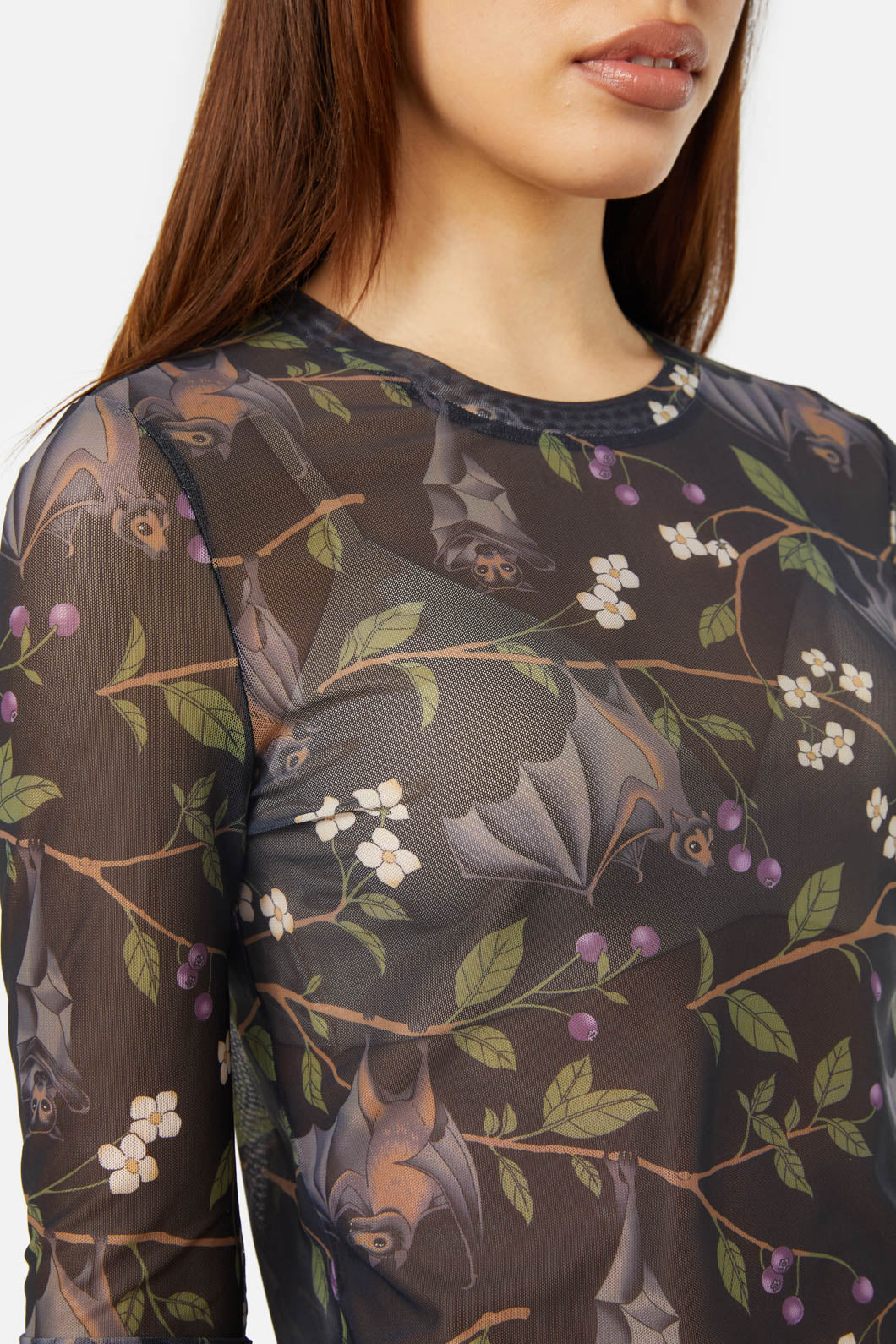 Vintage Style Printed Mesh Long Sleeve Top