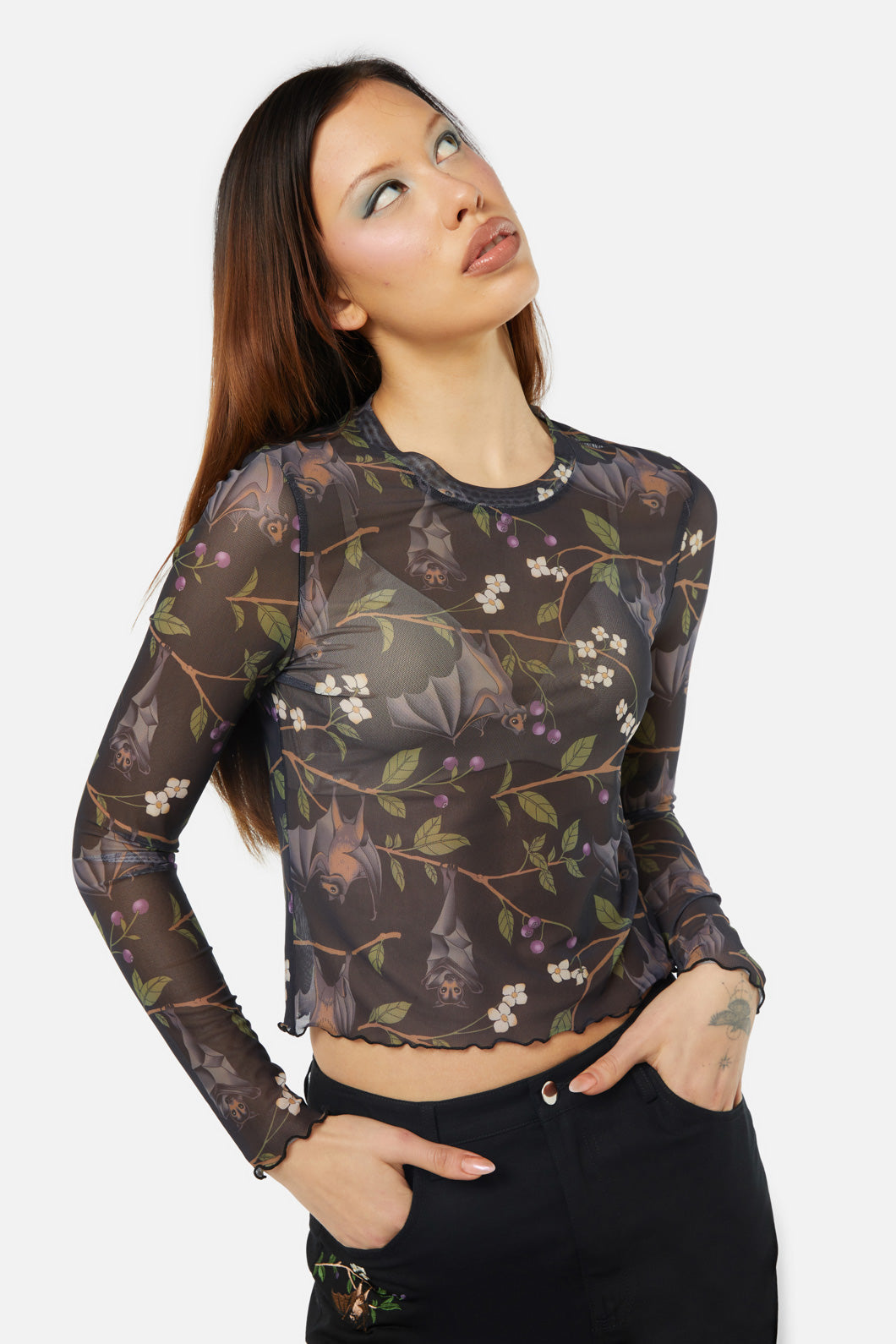 Vintage Style Printed Mesh Long Sleeve Top