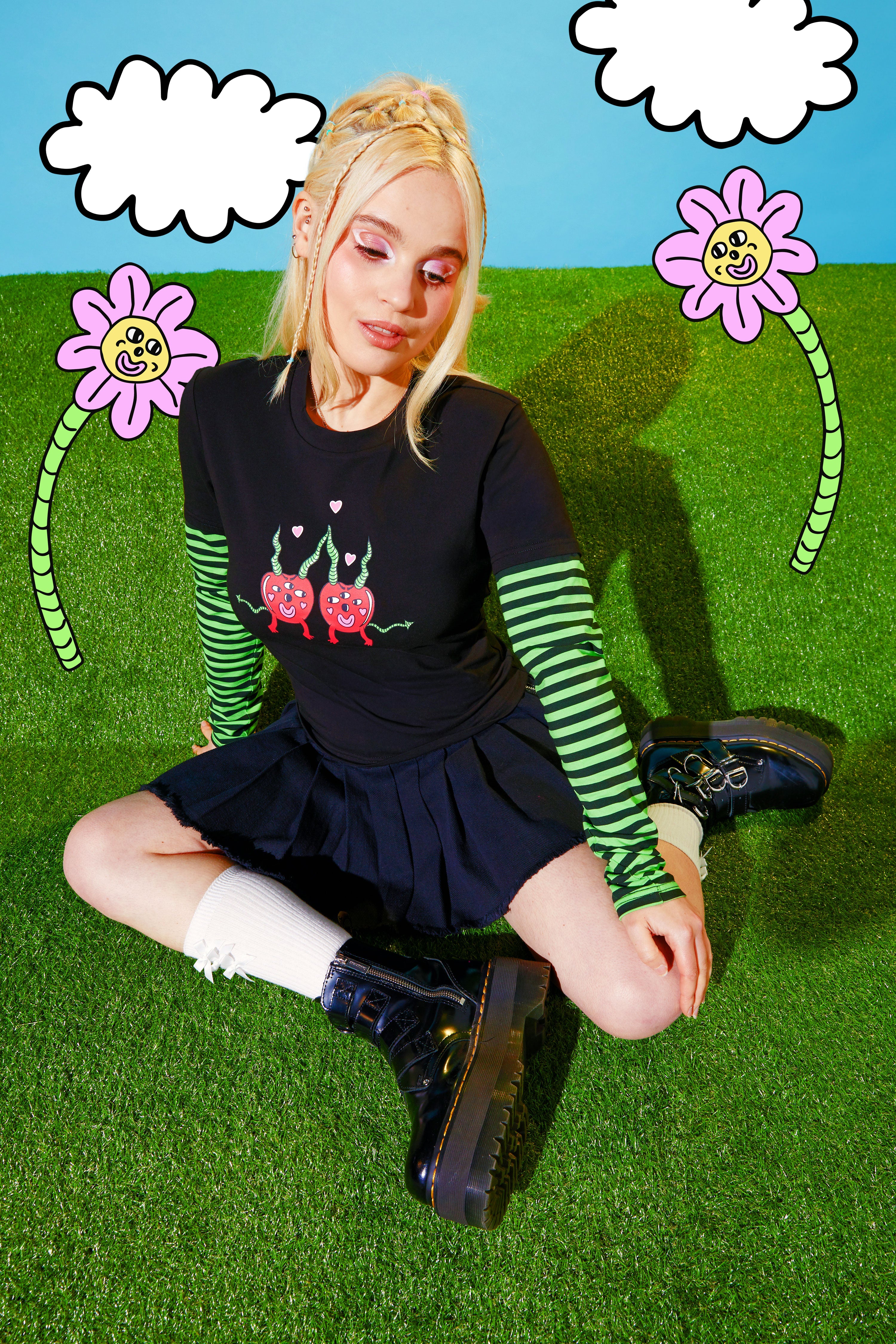 Soft Cotton Jersey Cherry Poppin Long - Sleeve Emo Style Tee