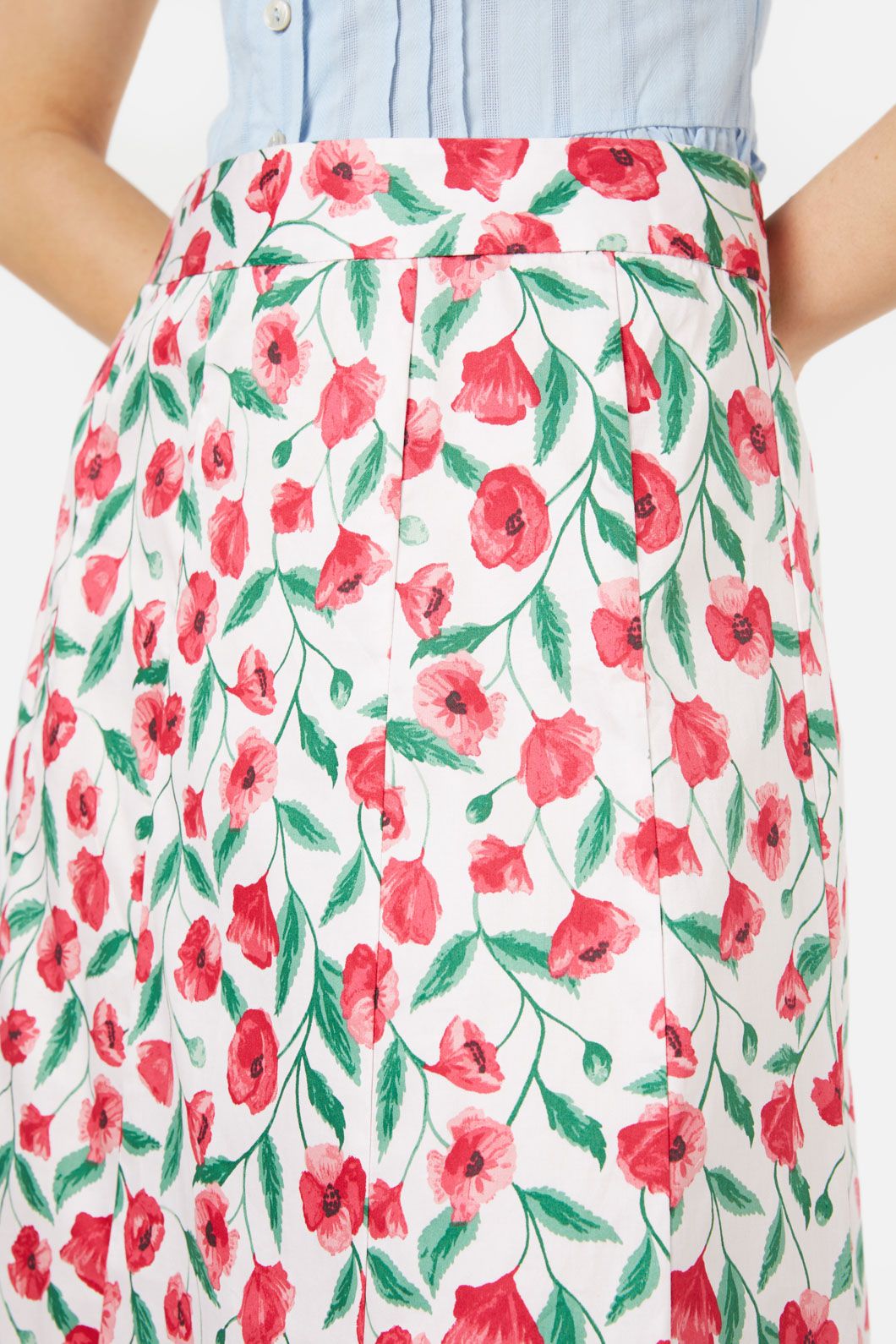 Summer Soft Cotton Red Poppy Printed Midi A-Line Skirt