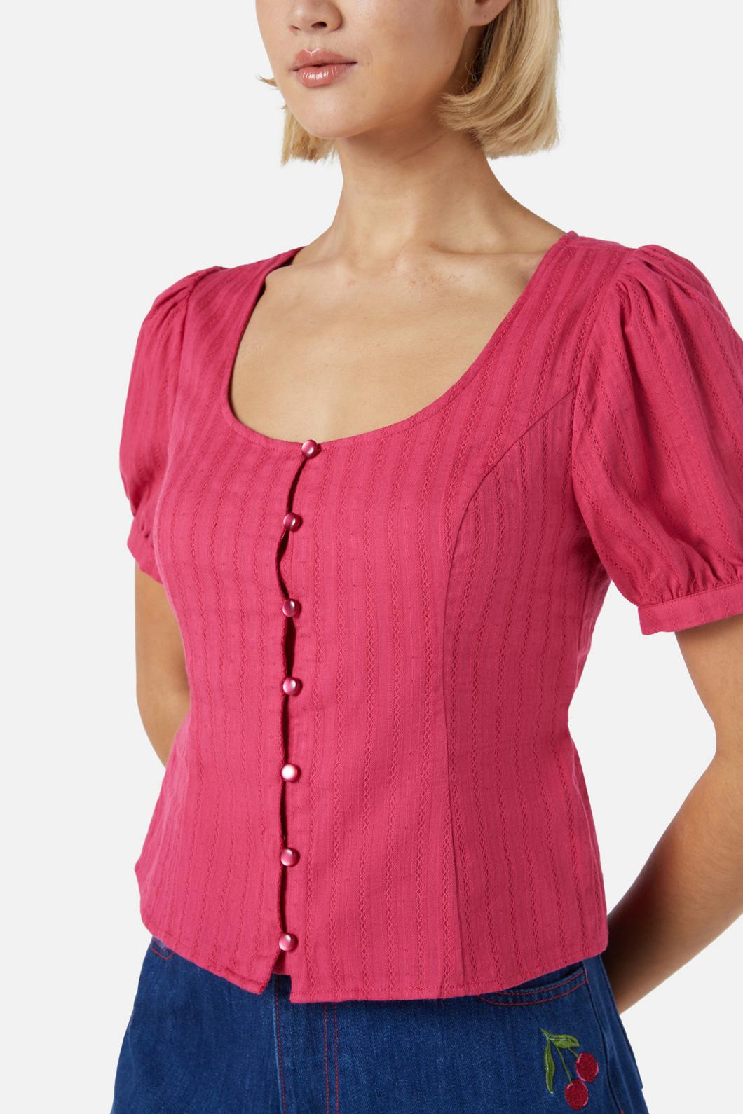 Cherry & Navy Textured Cotton Neisha Top with Short Puffed Sleeves