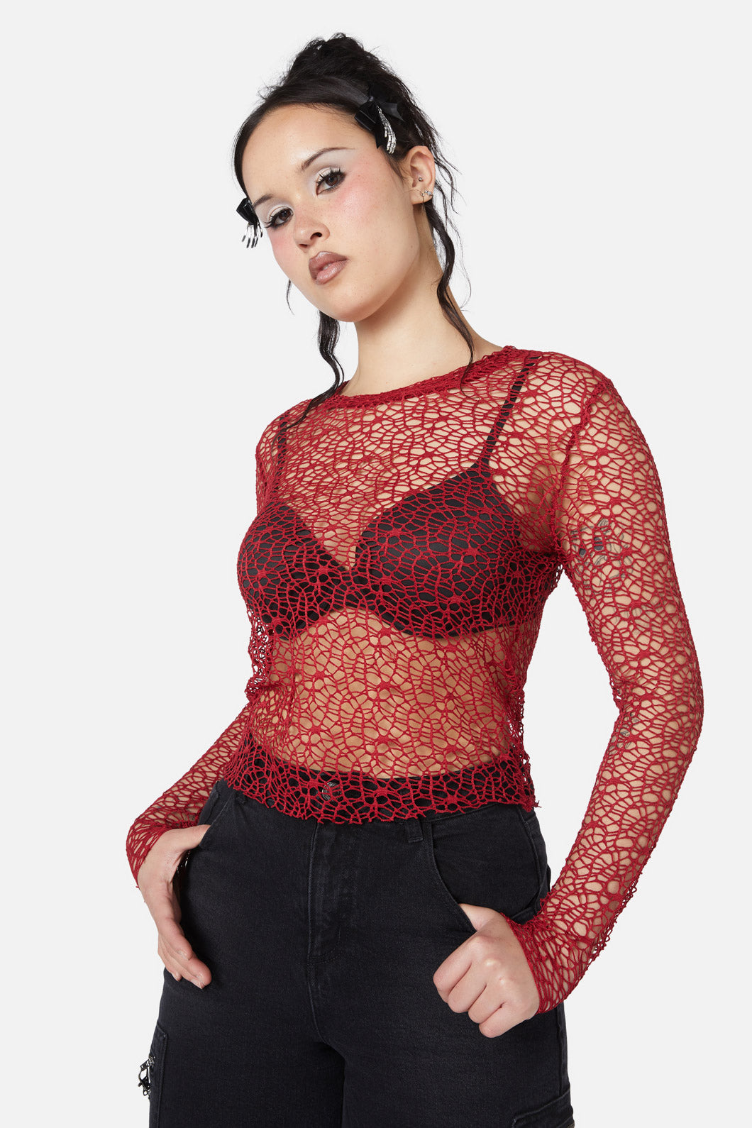 Popular Mortal Cobweb - Designed Webbed Mesh Long - Sleeve Top for Fashion
