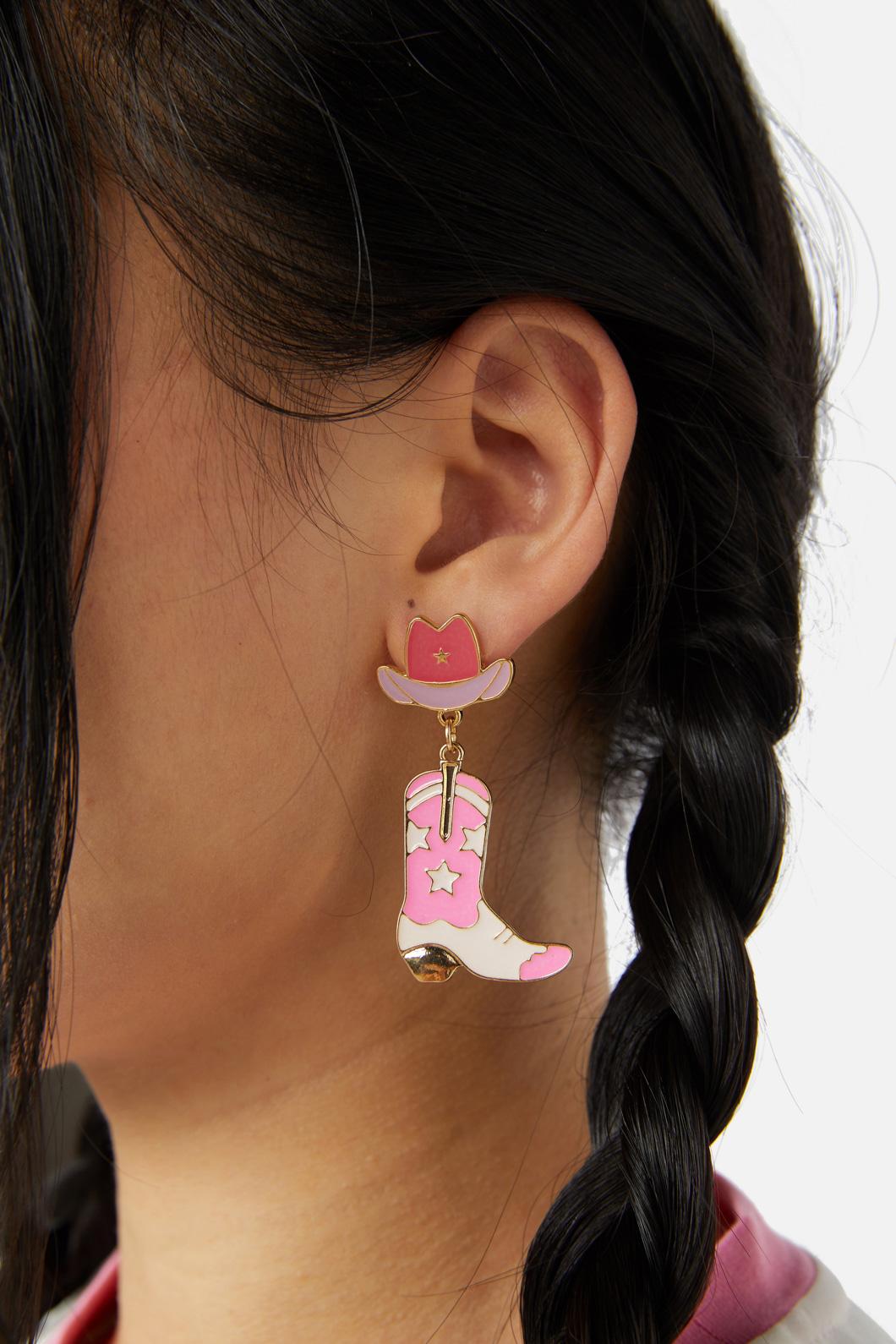 Stylish Pink Western Cowboy Outlaw Stud Earrings with Hat and Boot Charms