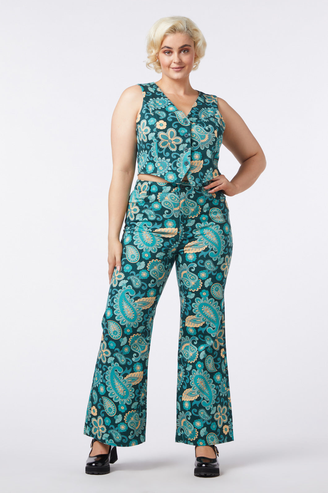 Green Retro Sunset Paisley High-Waisted Full-Length Flare Jeans