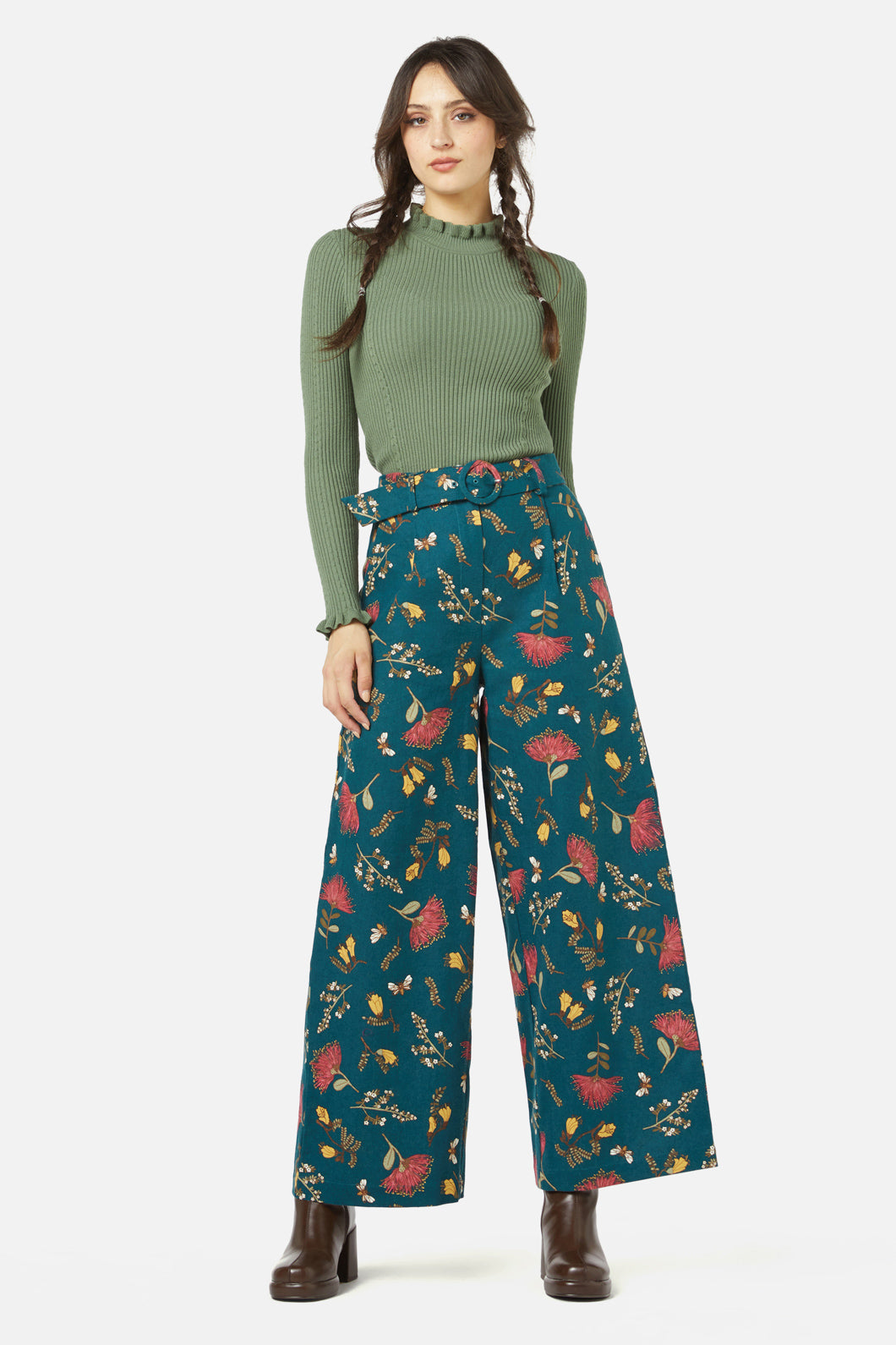 Teal High-Waisted Linen-Cotton Blend NZ Flora Print Pant