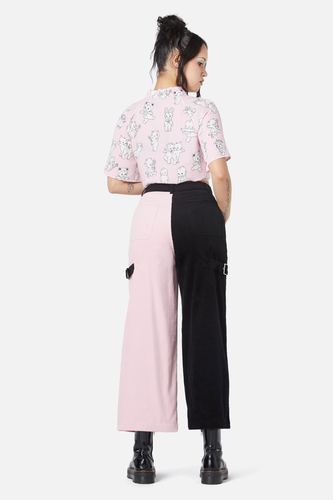 Black Cotton Elastane Blend Dolly Split Cargo Cord Wide - Leg Pants