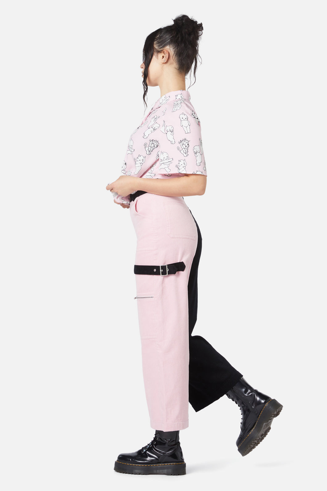 Black Cotton Elastane Blend Dolly Split Cargo Cord Wide - Leg Pants