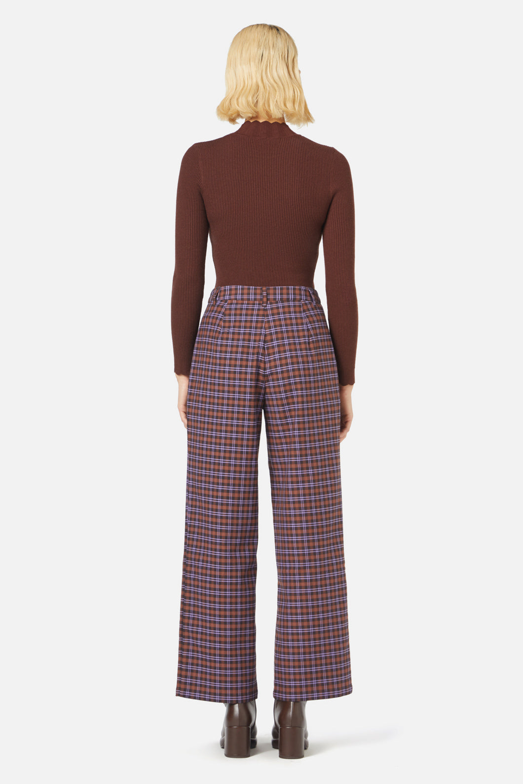 High-Waisted Straight-Leg Chocolate Frances Checked Pants