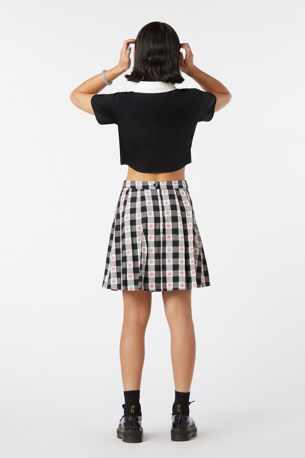 Organic Peach Gingham Flared Mini Skirt with In - Seam Pockets
