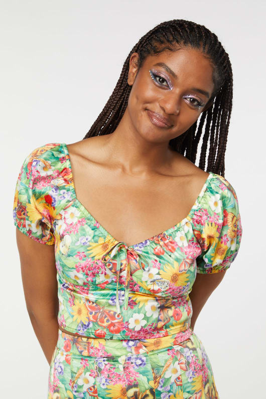 Glade Retro-Style Satin Milkmaid Women's Top with All-Over Floral Print