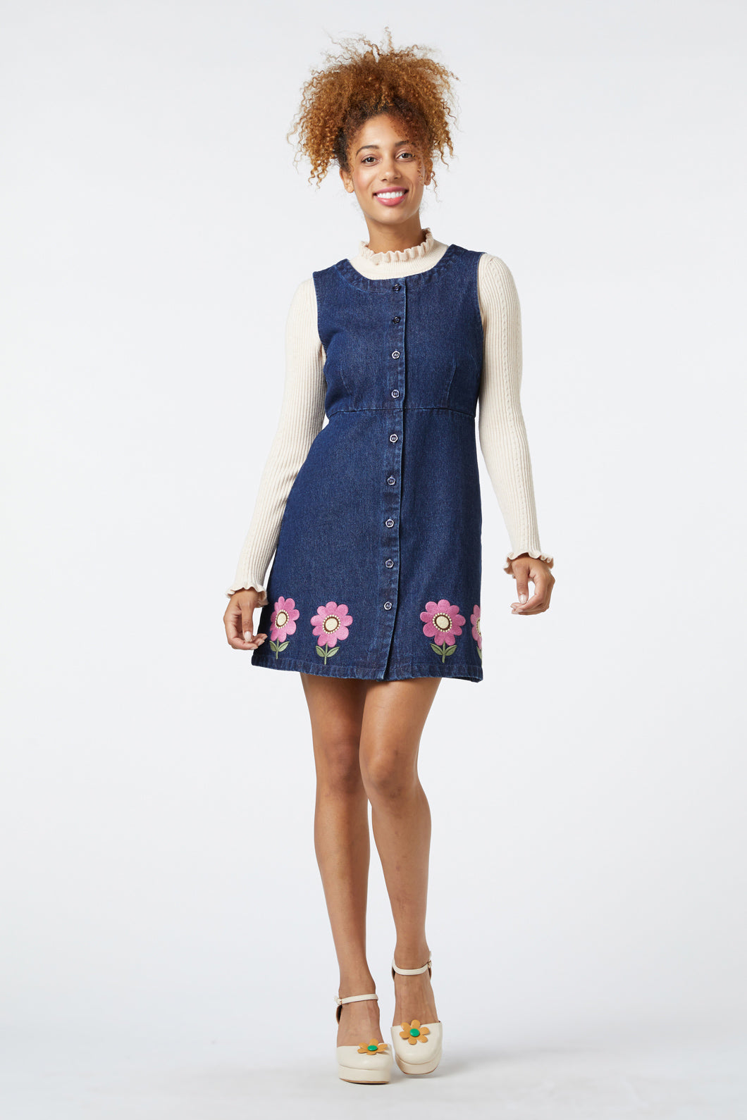 Fiona Cotton Denim Retro Flower Embroidered Pinny Skirt