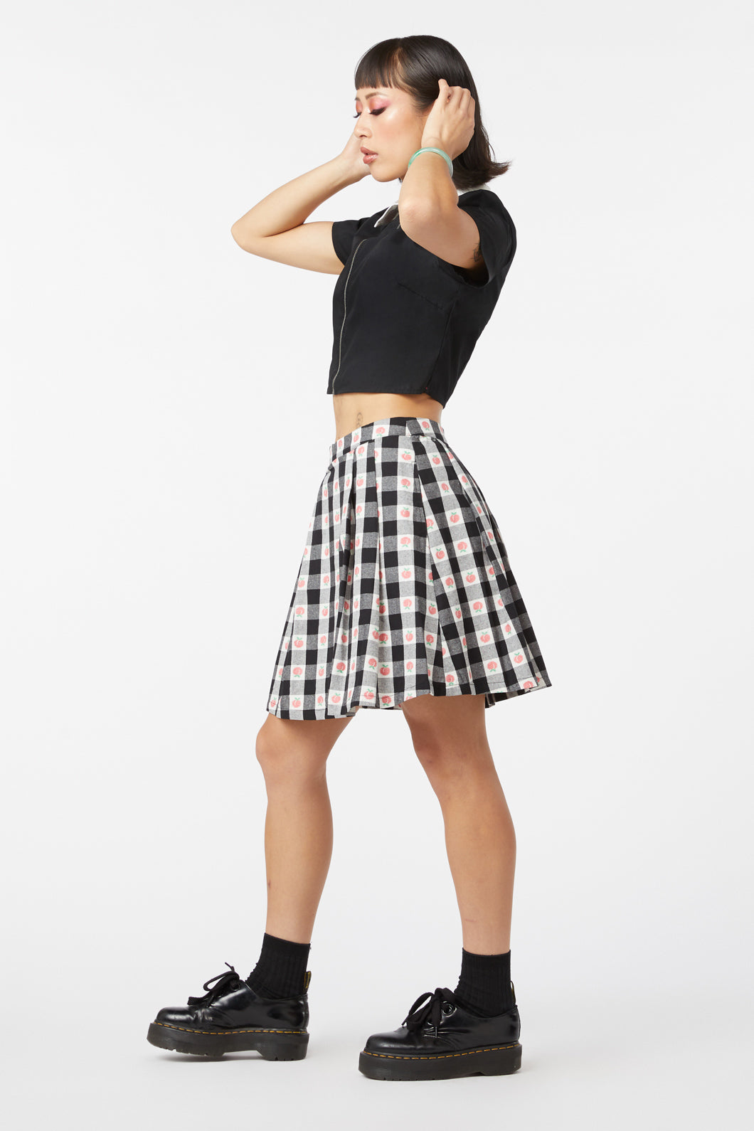 Organic Peach Gingham Flared Mini Skirt with In - Seam Pockets
