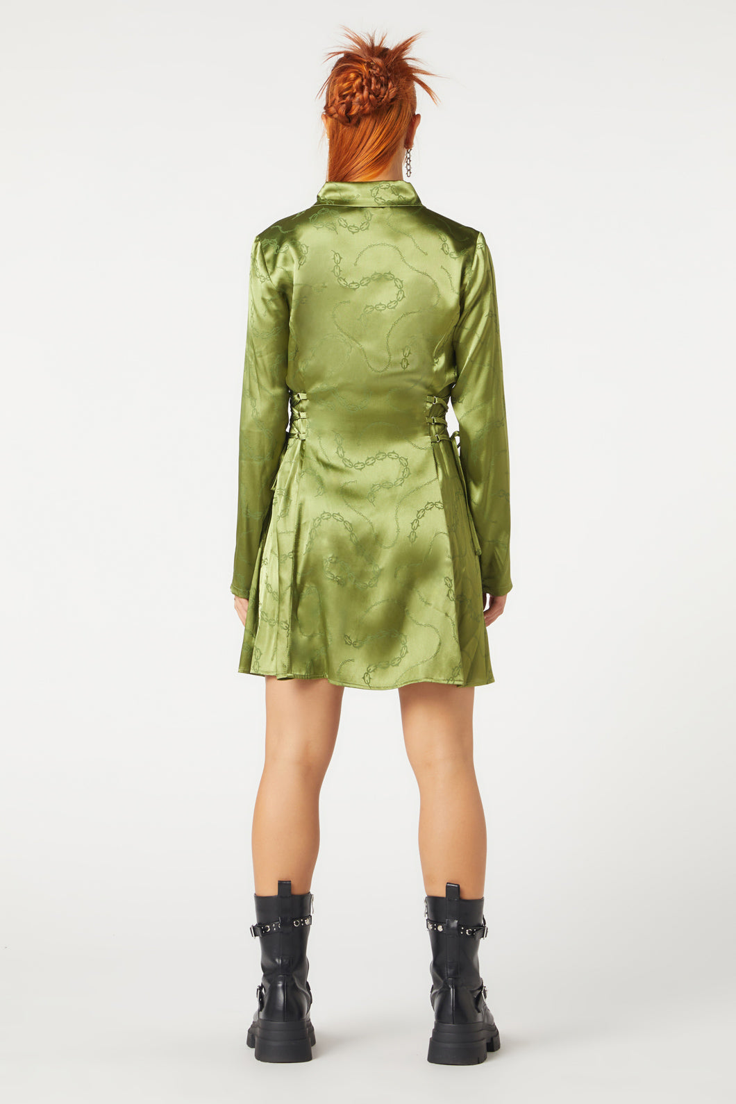Olive & Black Long - Sleeved Satin Dress with Chains Pattern