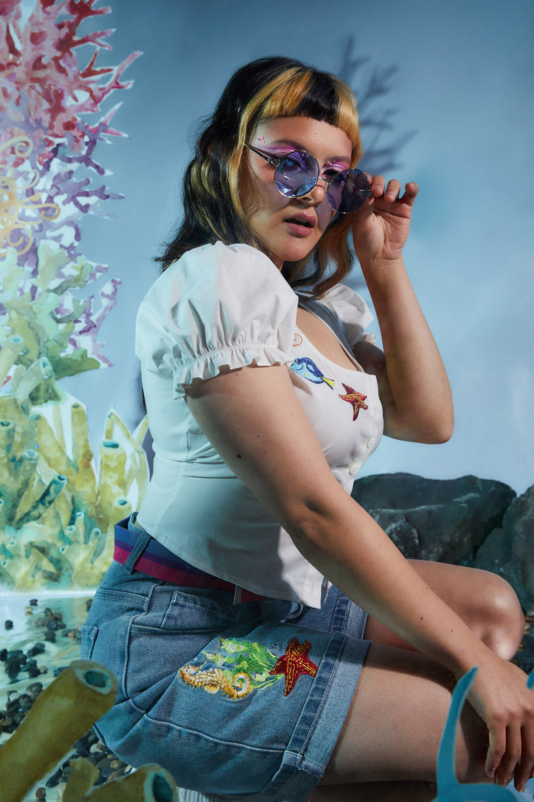 Fish Are Friends Cotton Placement Embroidery Women's Top