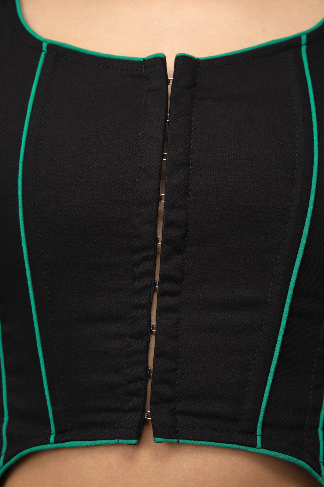 Polyester Fishnet Toxin Long - Sleeve Turtleneck Corset Top in Black/Green