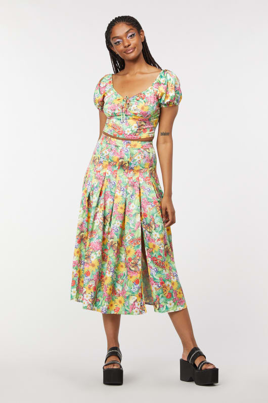 Glade Retro-Style Satin Milkmaid Women's Top with All-Over Floral Print
