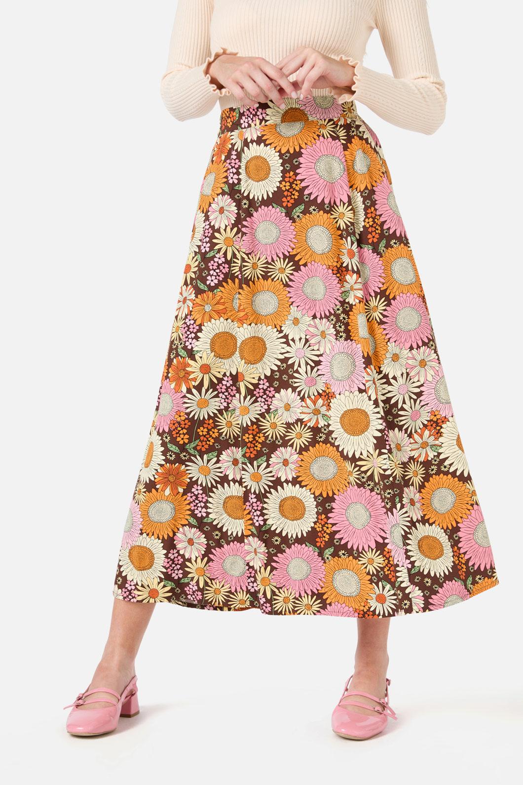 70s-Inspired Retro Floral High-Waisted Midi Skirt in Chocolate