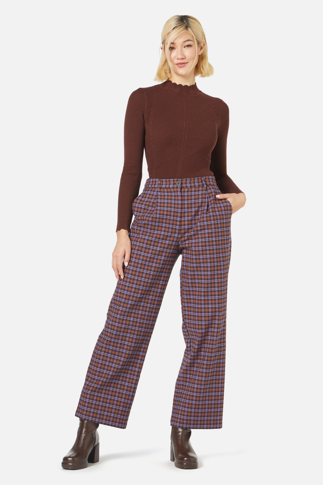 High-Waisted Straight-Leg Chocolate Frances Checked Pants