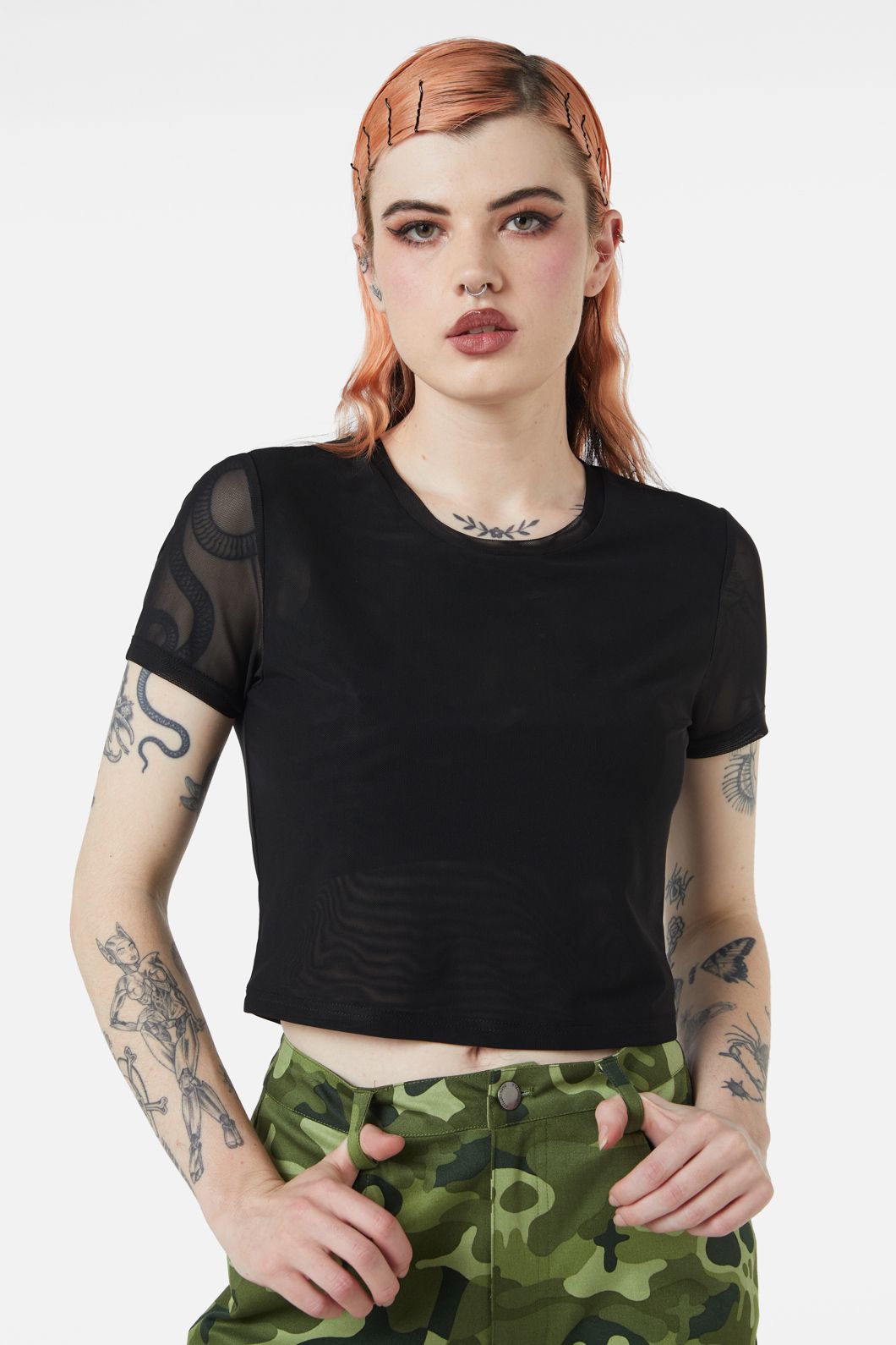 Eliza Stretchy Cropped Mesh Top in Black & White