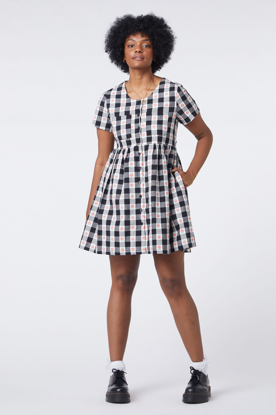 Women's Organic Peach Gingham Smock Style Dress with Chest Pocket