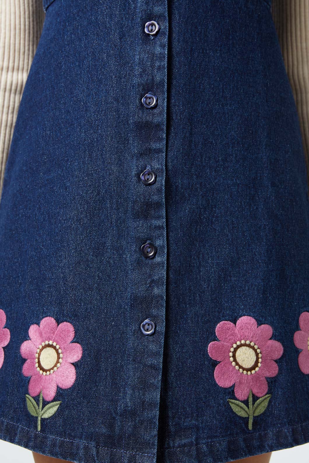 Fiona Cotton Denim Retro Flower Embroidered Pinny Skirt