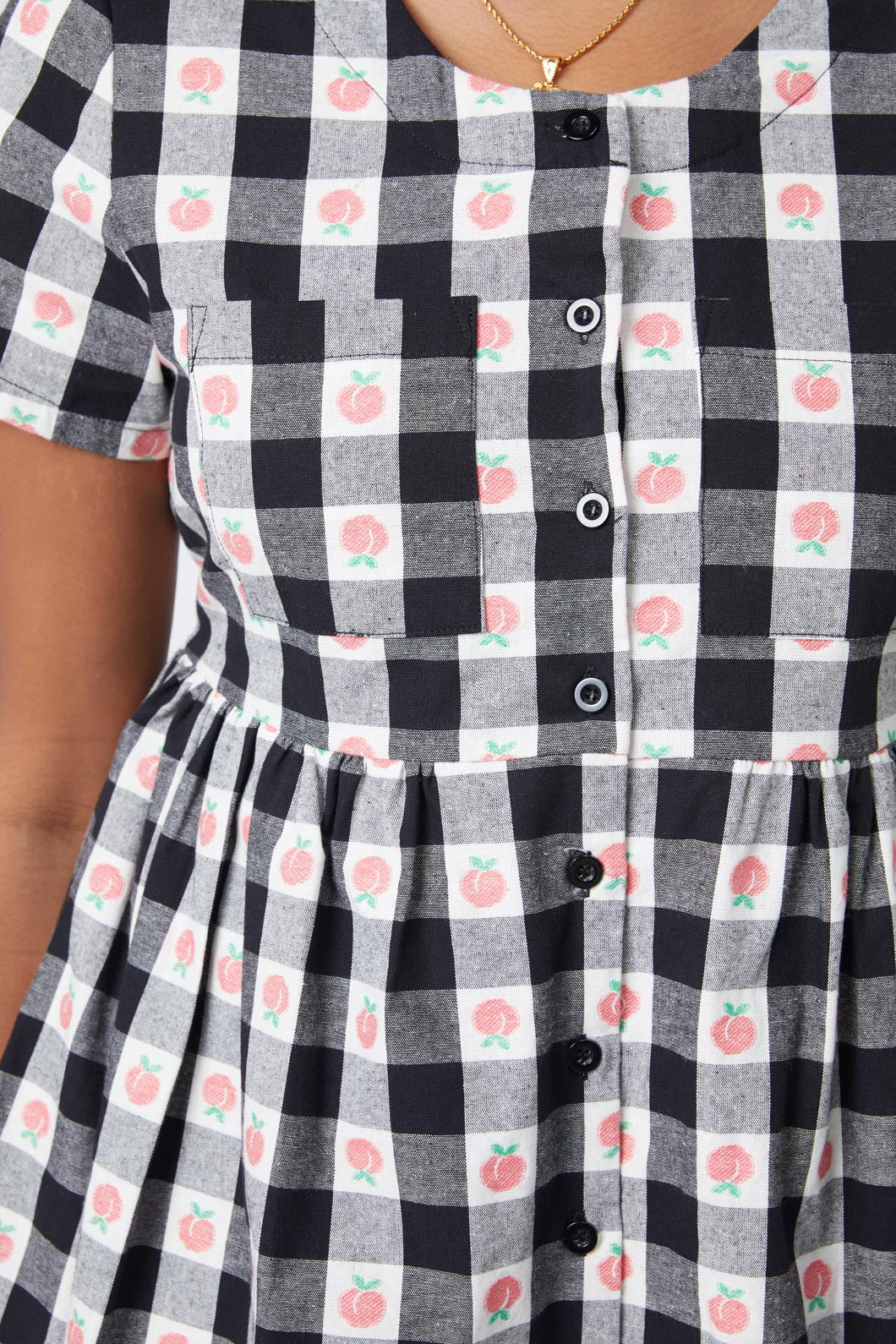 Women's Organic Peach Gingham Smock Style Dress with Chest Pocket