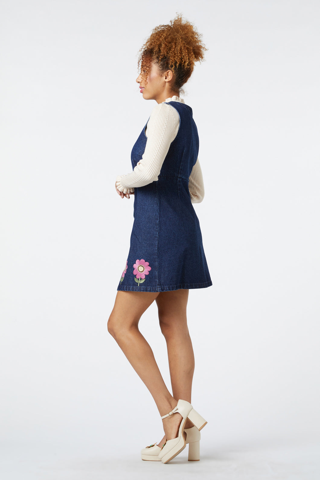 Fiona Cotton Denim Retro Flower Embroidered Pinny Skirt