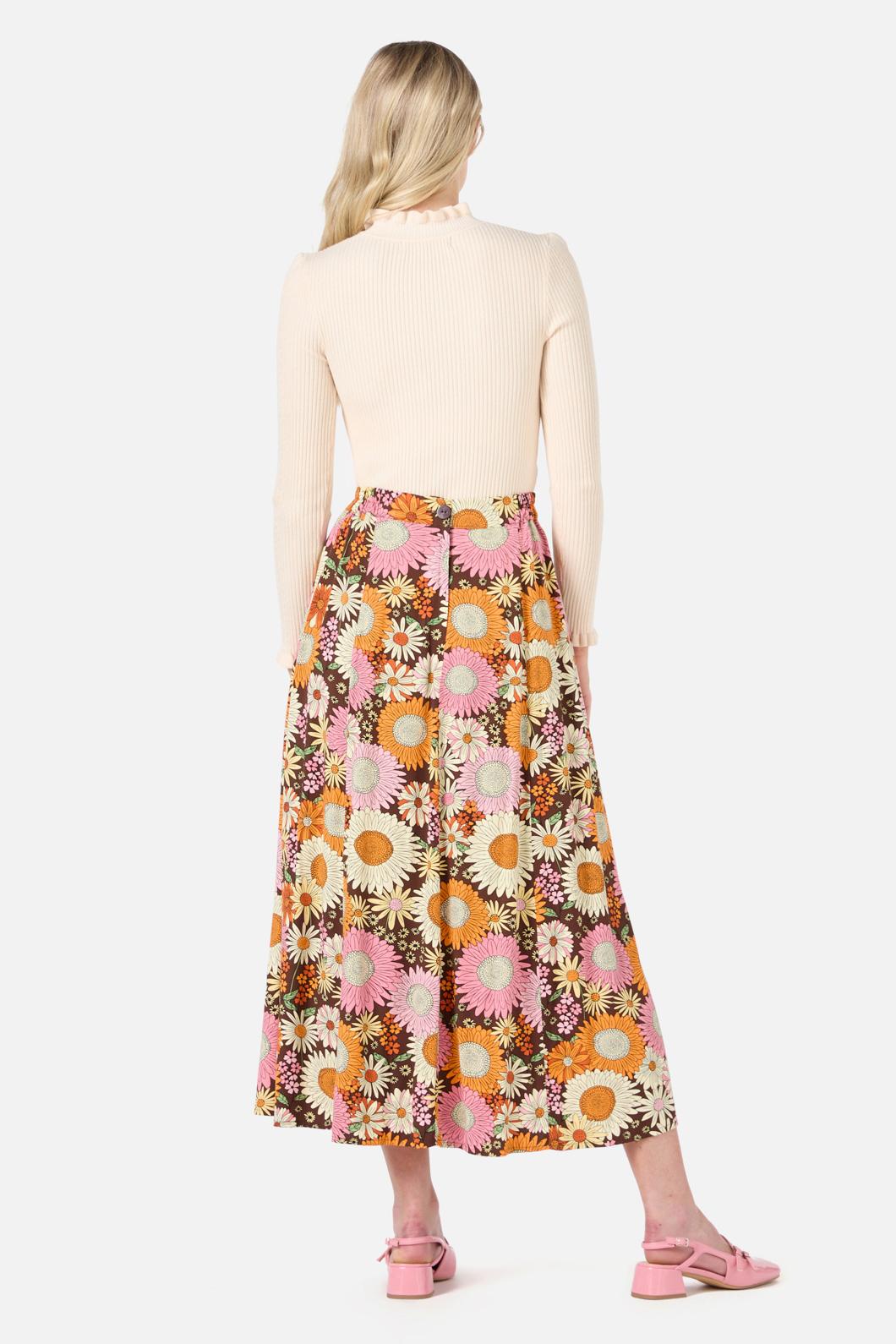 70s-Inspired Retro Floral High-Waisted Midi Skirt in Chocolate