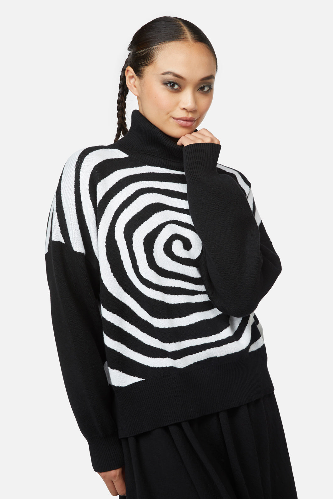 Intarsia Knit Jiji Cotton Jumper with Rolled Turtle Neck