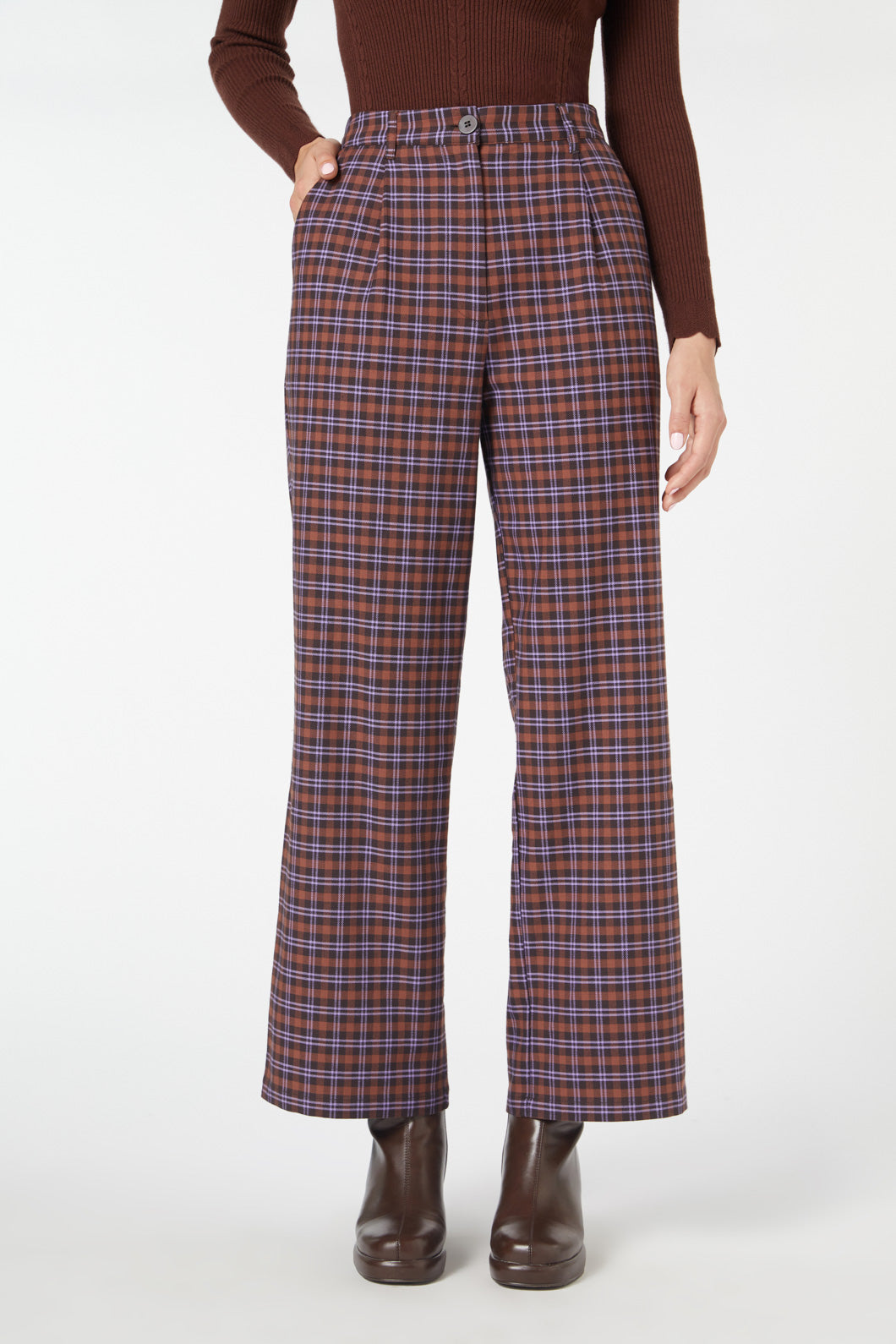 High-Waisted Straight-Leg Chocolate Frances Checked Pants