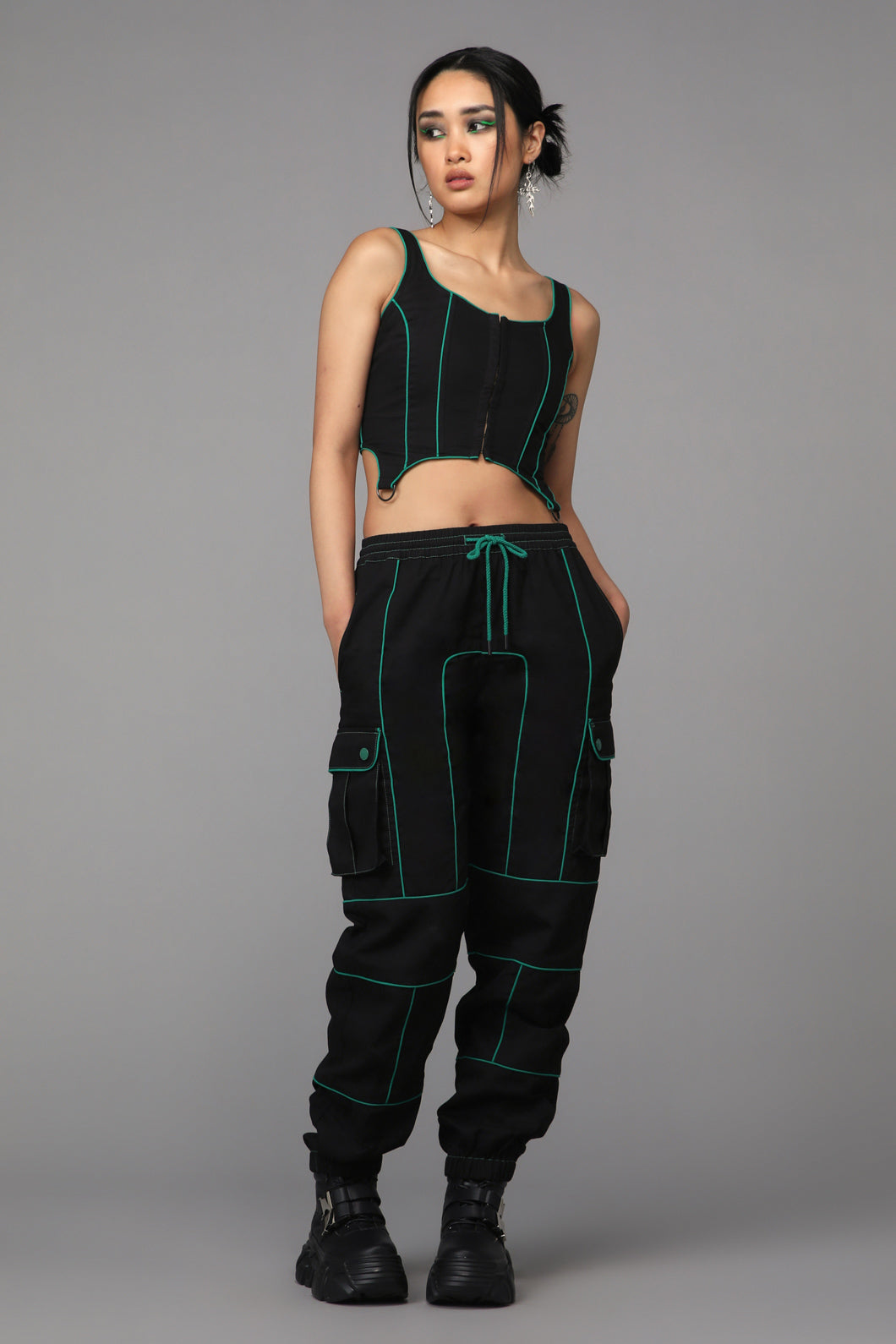 Polyester Fishnet Toxin Long - Sleeve Turtleneck Corset Top in Black/Green