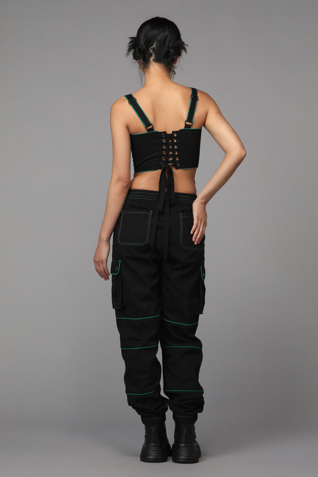 Polyester Fishnet Toxin Long - Sleeve Turtleneck Corset Top in Black/Green