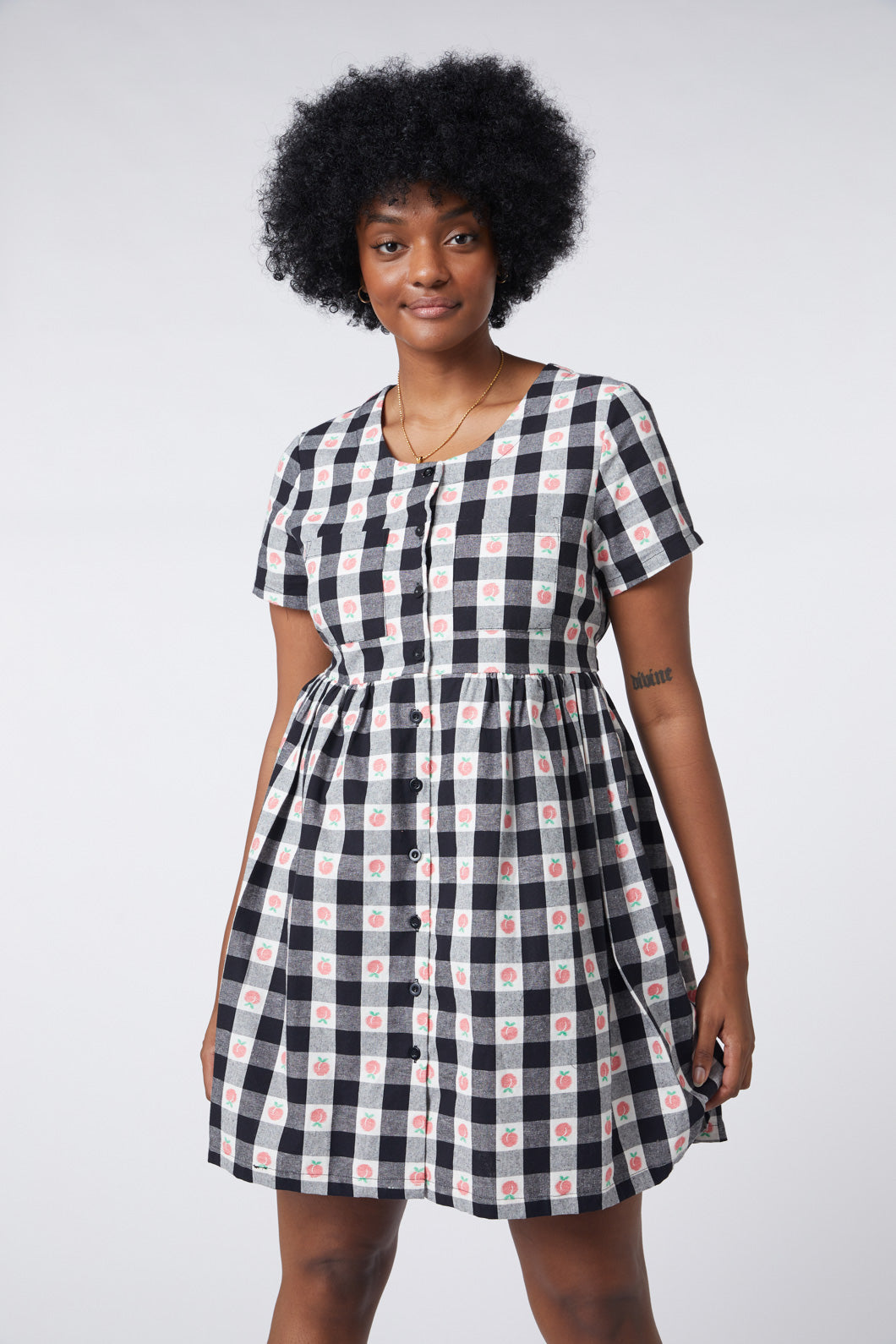 Women's Organic Peach Gingham Smock Style Dress with Chest Pocket
