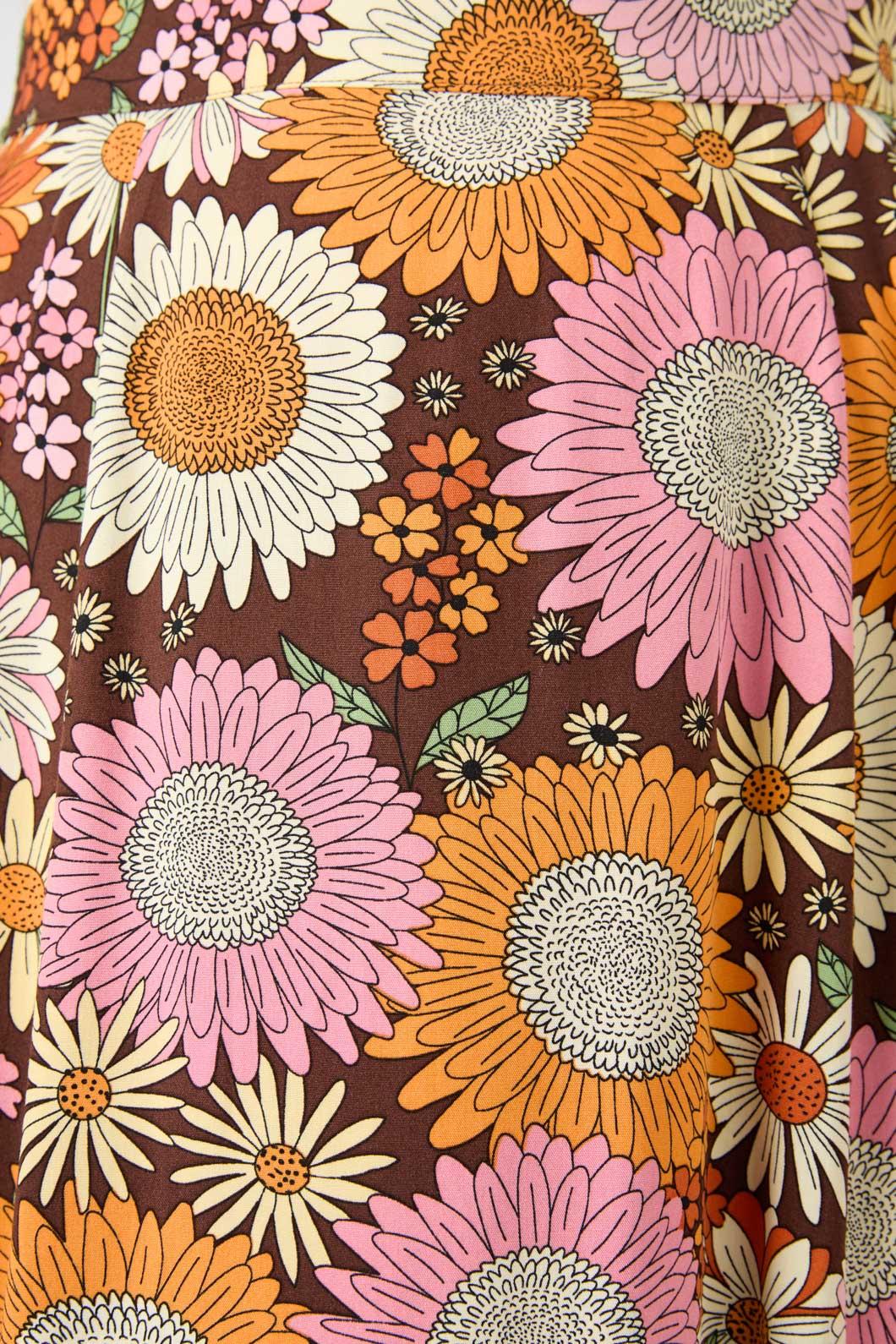 70s-Inspired Retro Floral High-Waisted Midi Skirt in Chocolate