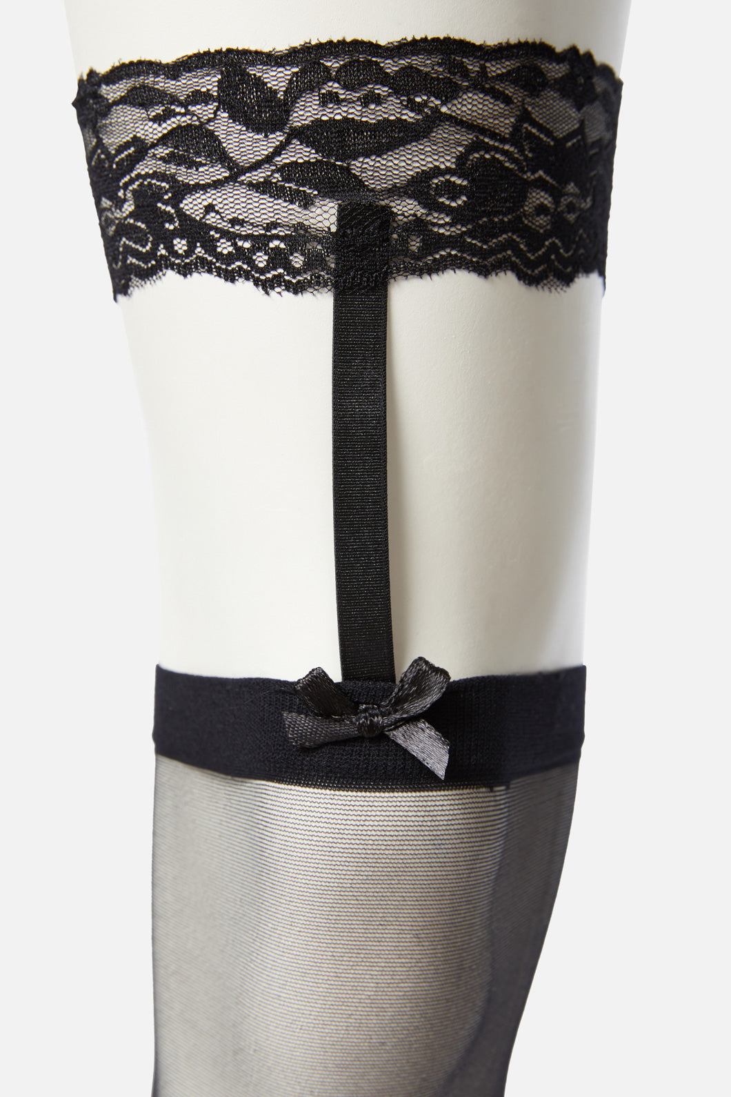 Black Sheer Thigh High Tights with Lace Garter and Small Bow