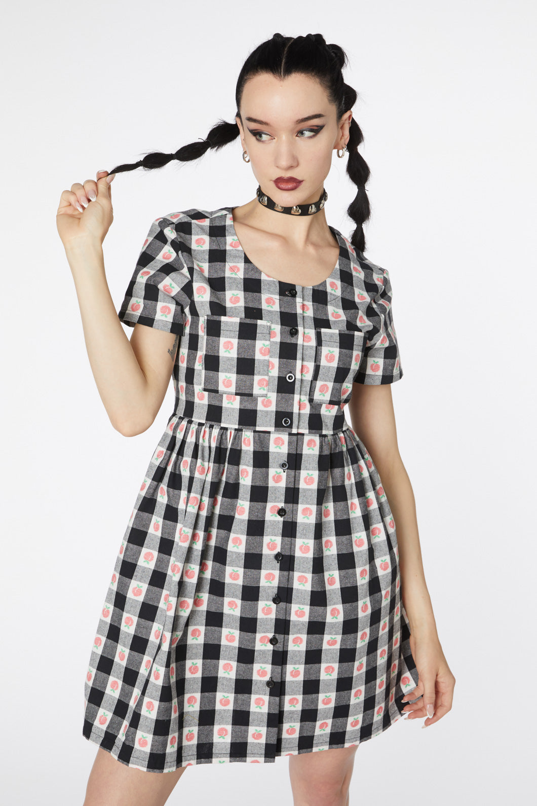 Women's Organic Peach Gingham Smock Style Dress with Chest Pocket