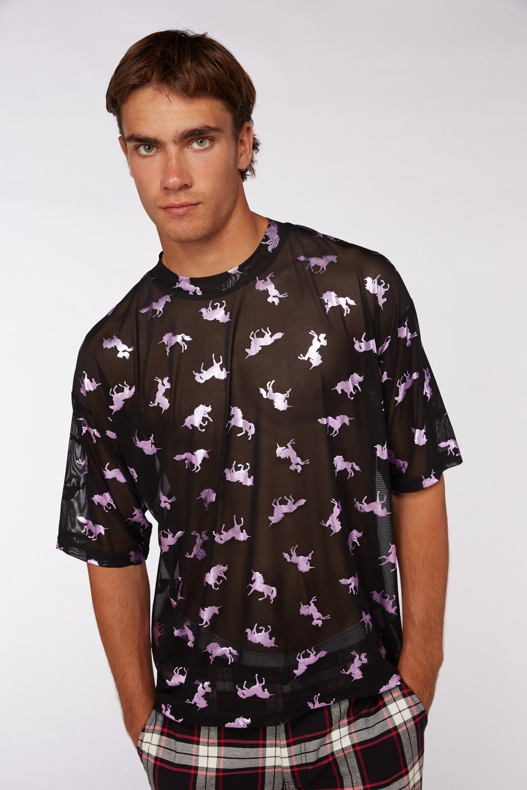 Super Stretchy Unisex Mesh Top with Unicorn Foil Print