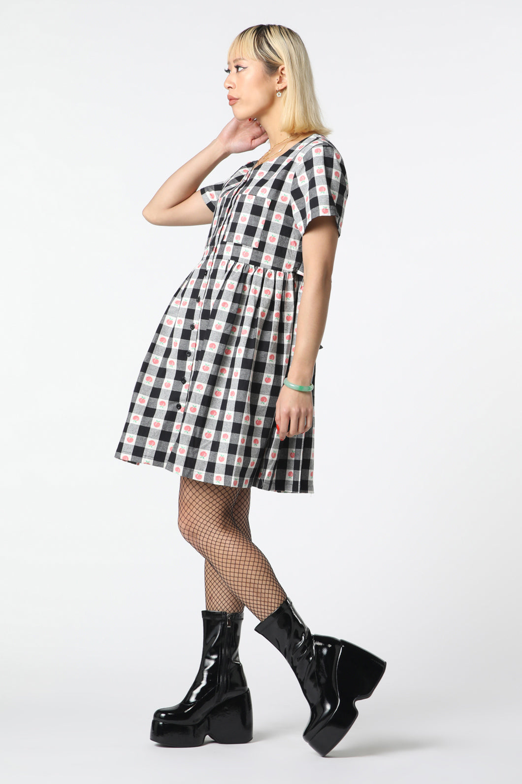 Women's Organic Peach Gingham Smock Style Dress with Chest Pocket