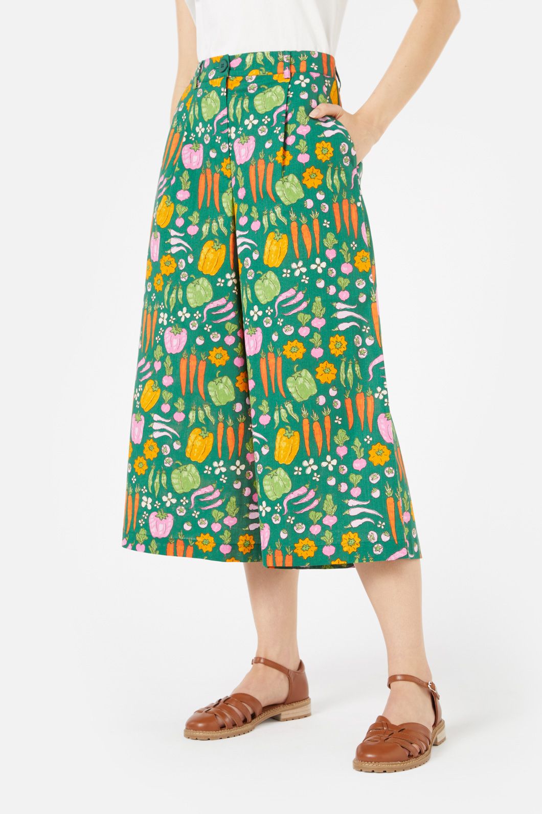 High - Waisted Green Cotton Veggie Patch Print Skort for Garden and Market Days