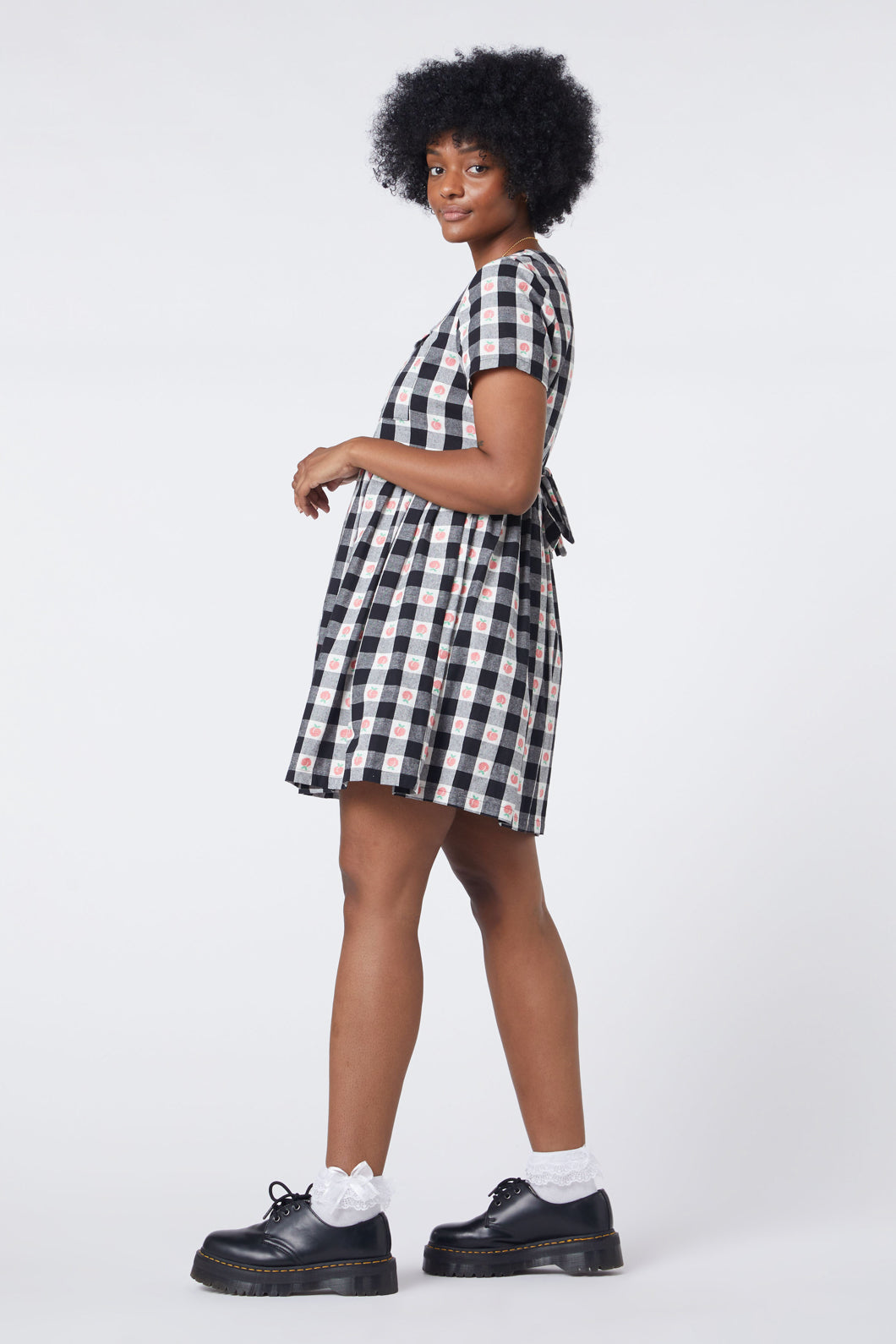 Women's Organic Peach Gingham Smock Style Dress with Chest Pocket