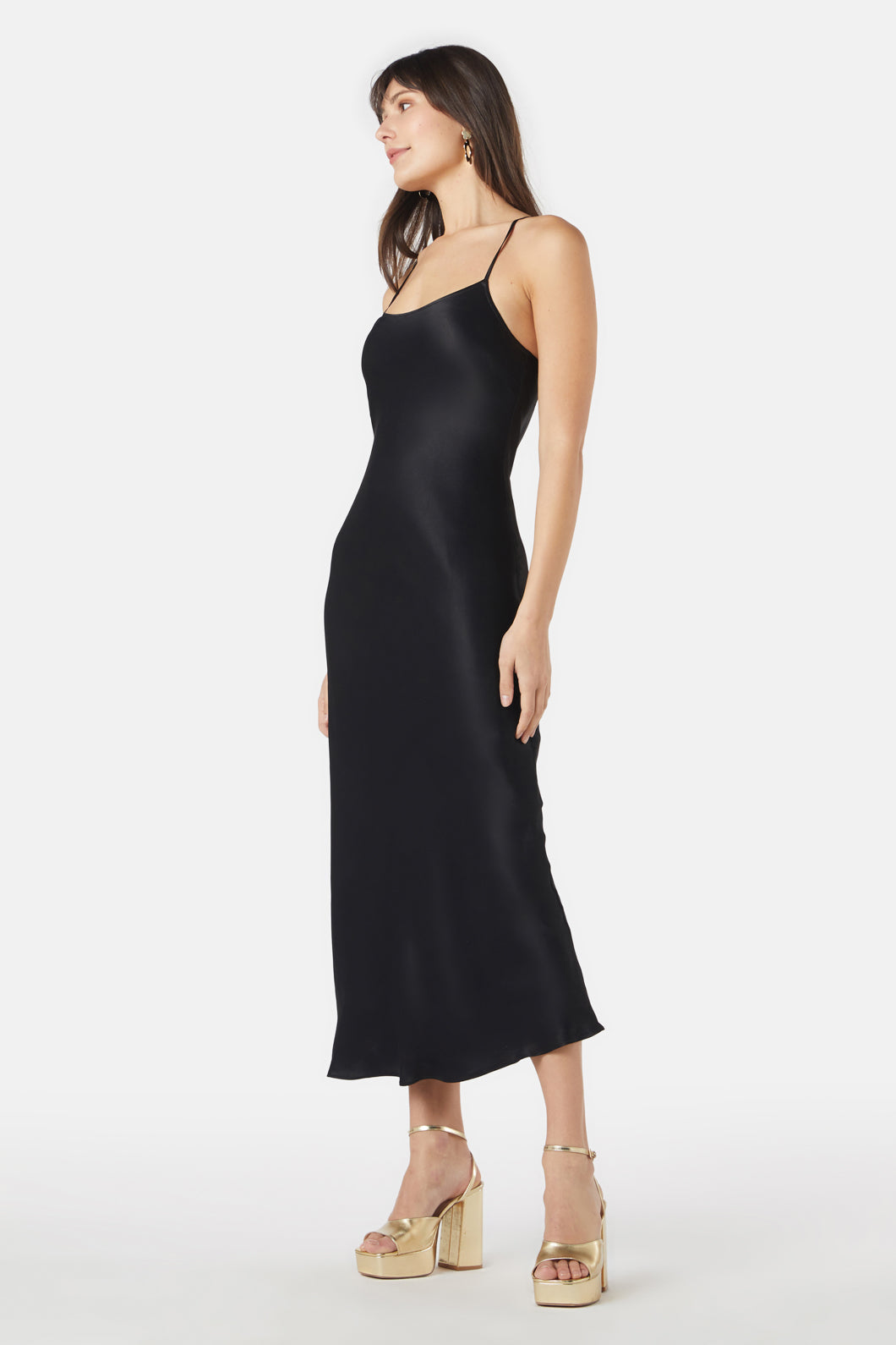 Silky Viscose Adjustable Hannah Midi Slip Dress in Blue & Black
