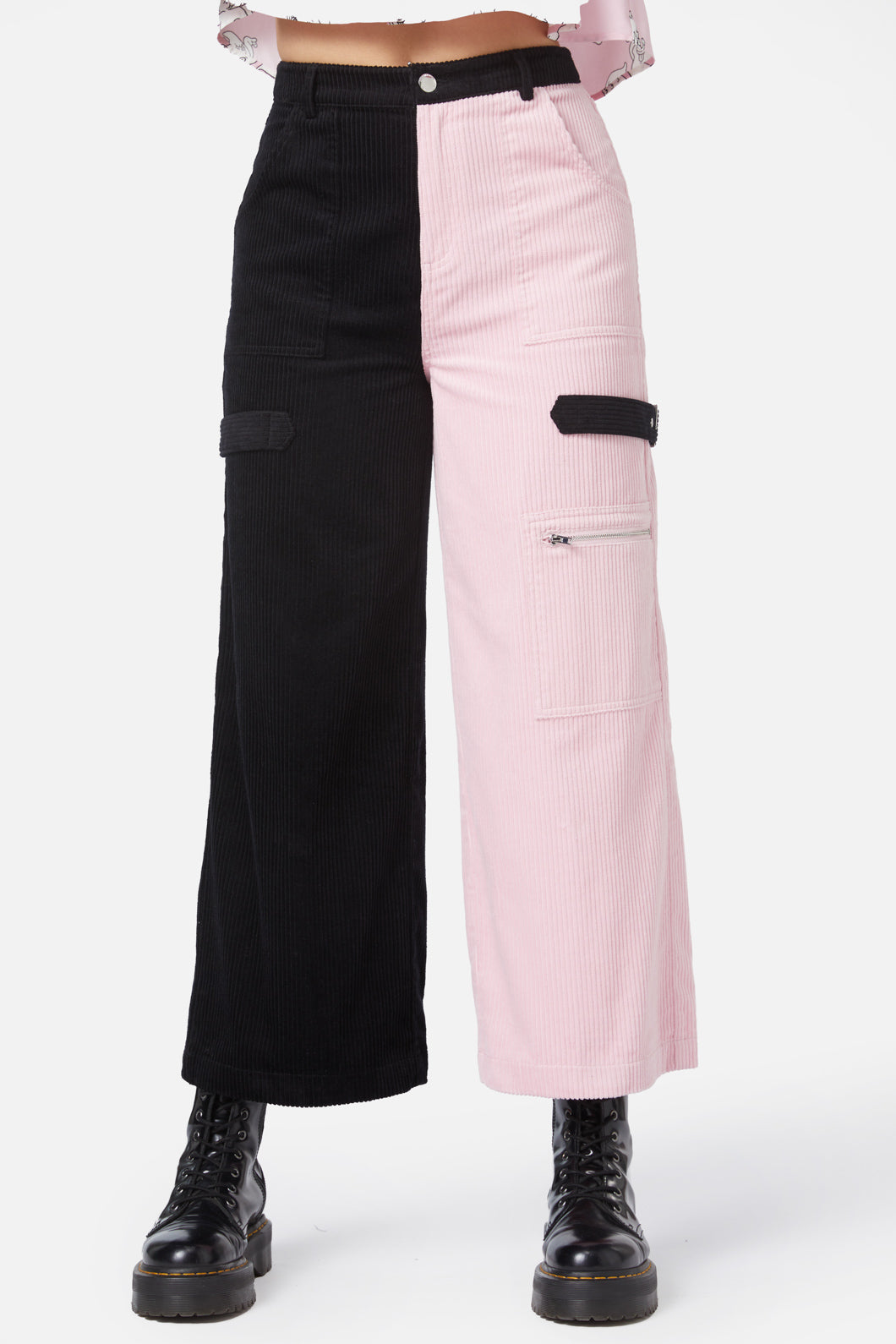 Black Cotton Elastane Blend Dolly Split Cargo Cord Wide - Leg Pants